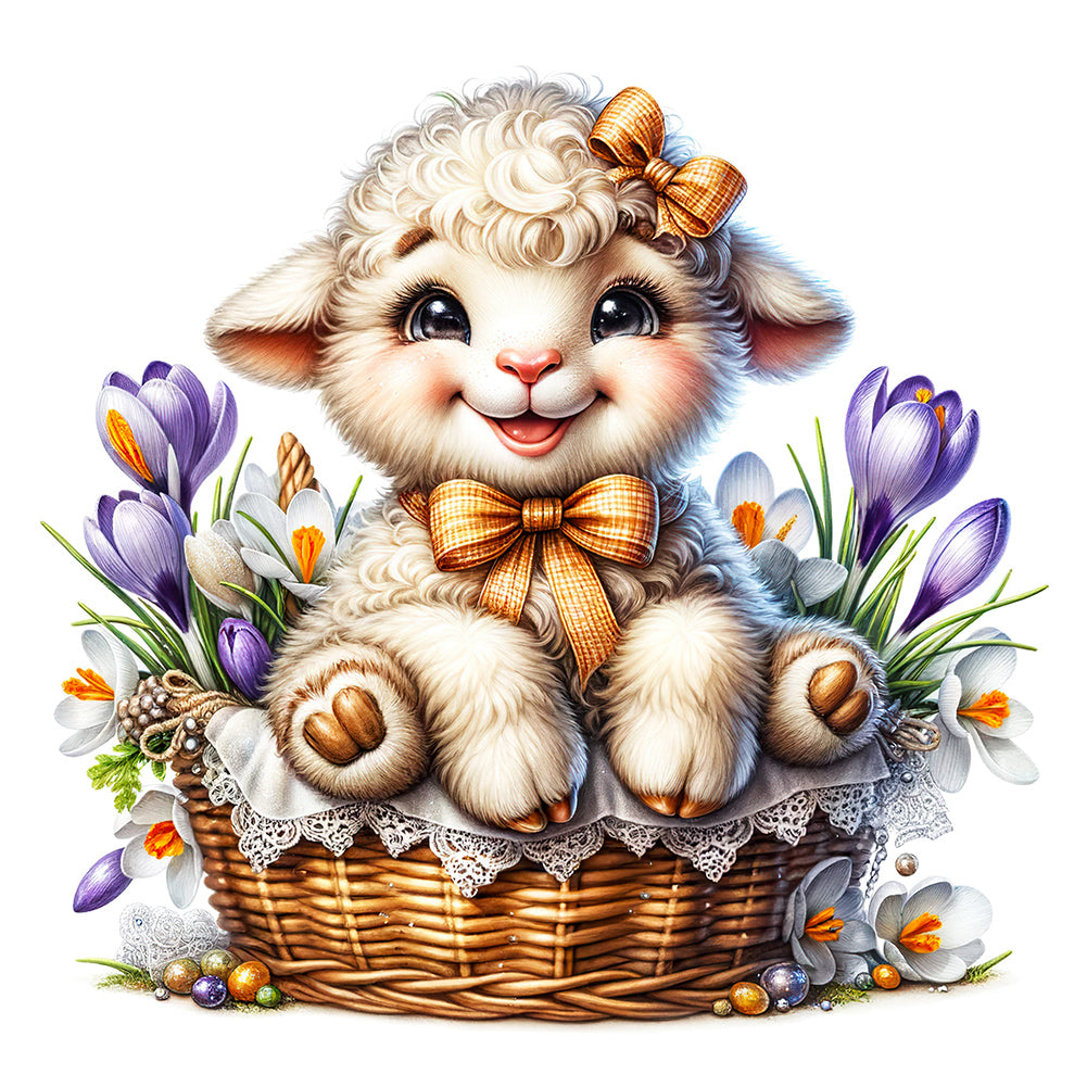 Lamb In Flower Basket - Full Round Drill Diamond Painting 30*30CM