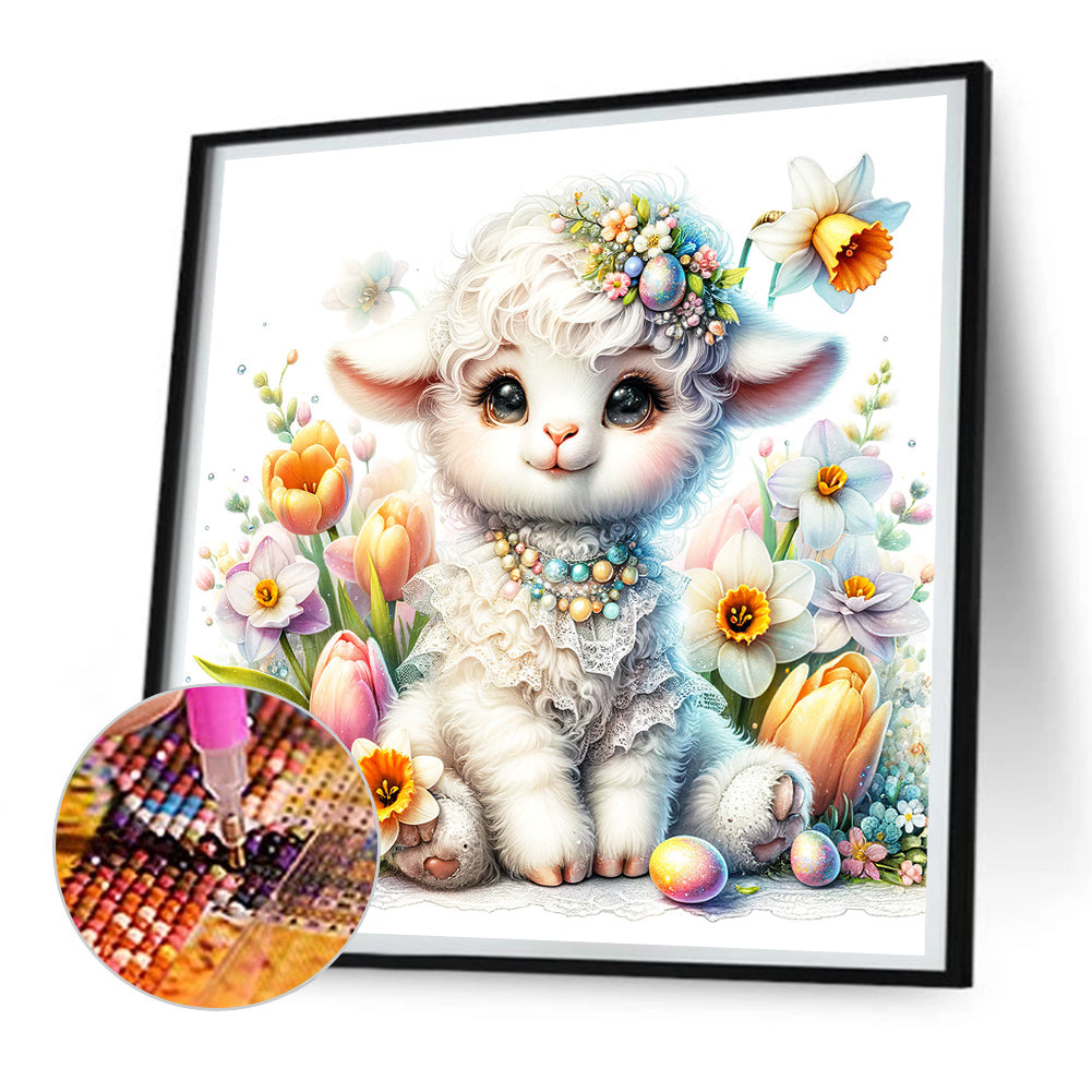 Little Lamb Among Flowers - Full Round Drill Diamond Painting 30*30CM