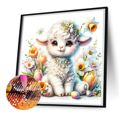 Little Lamb Among Flowers - Full Round Drill Diamond Painting 30*30CM