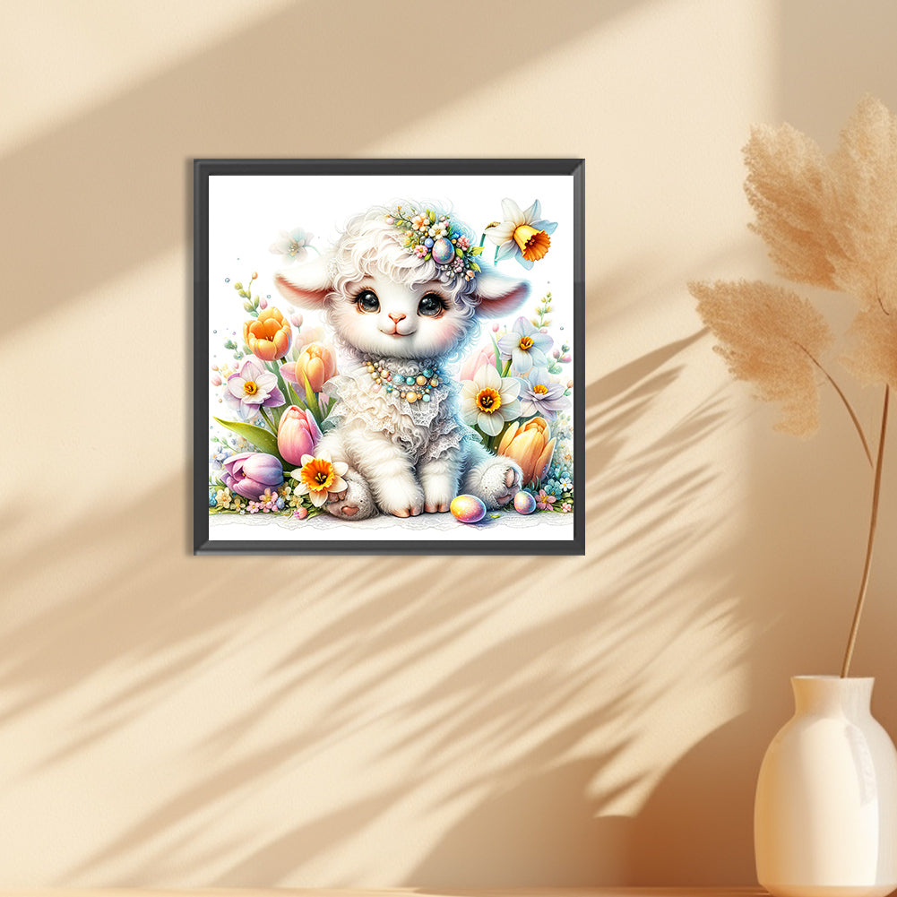 Little Lamb Among Flowers - Full Round Drill Diamond Painting 30*30CM
