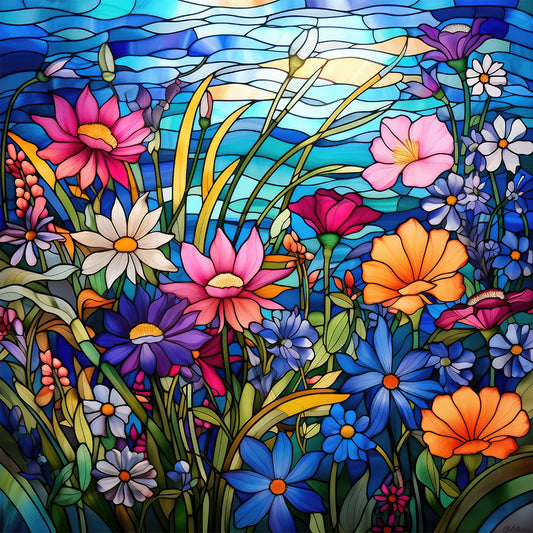 Glass Painting Colorful Flowers - Full Round Drill Diamond Painting 30*30CM