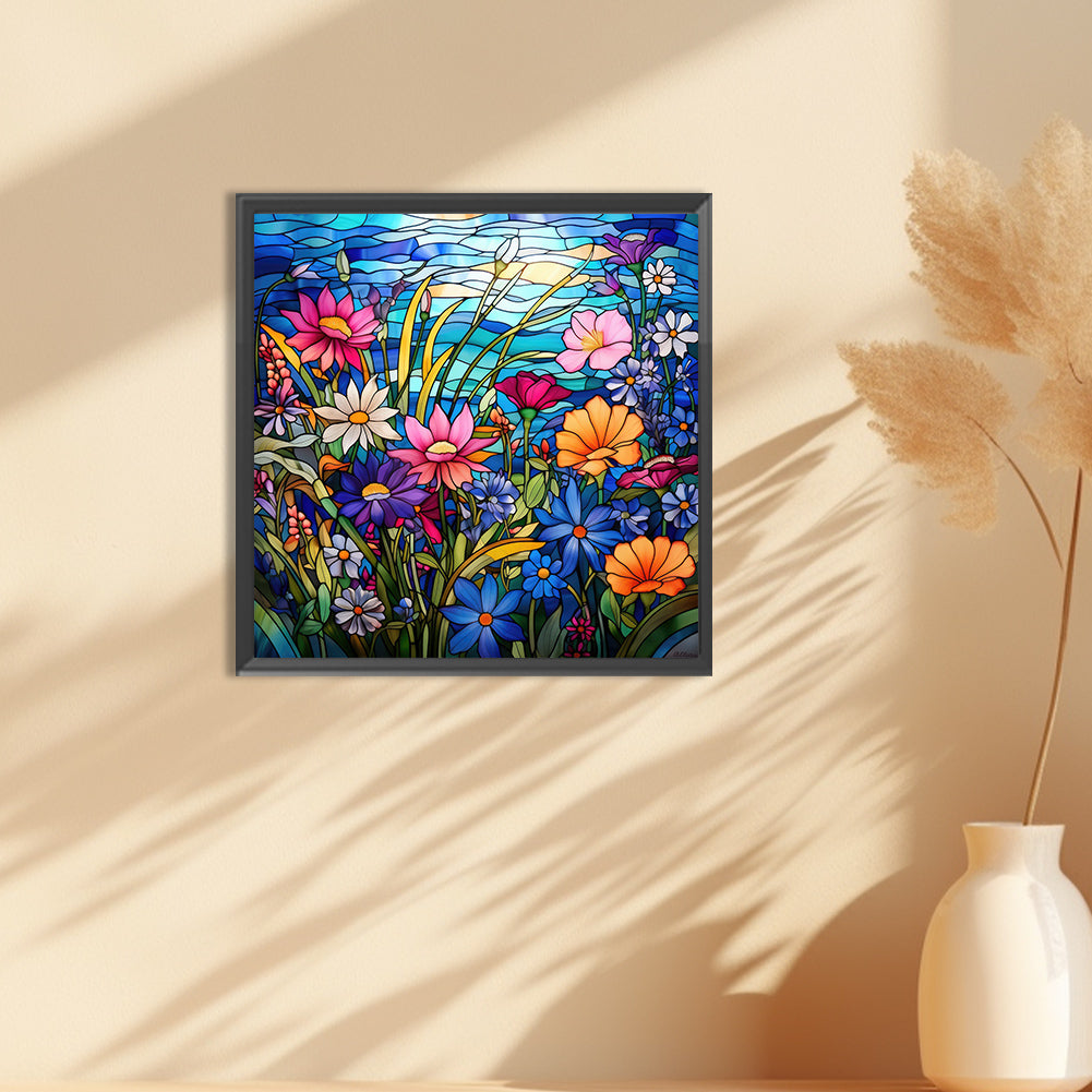 Glass Painting Colorful Flowers - Full Round Drill Diamond Painting 30*30CM