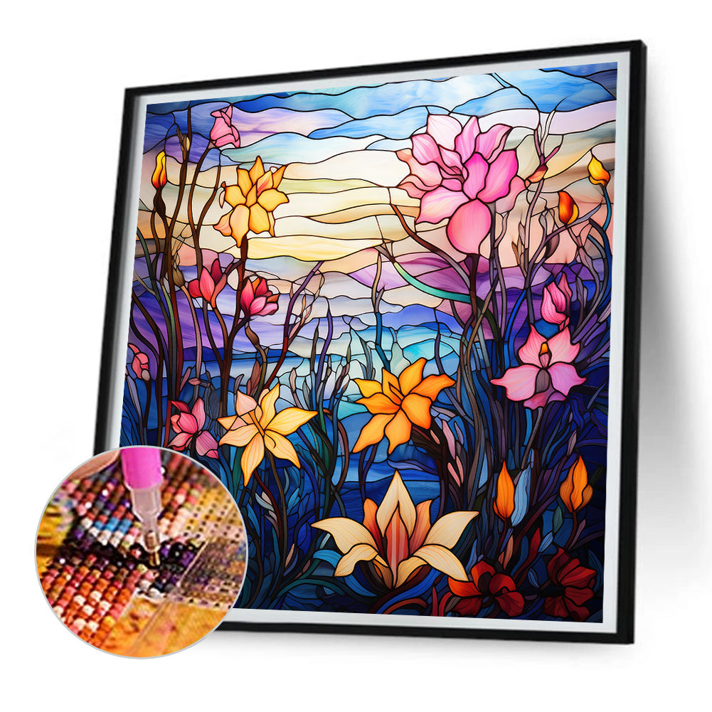 Glass Painting Colorful Flowers - Full Round Drill Diamond Painting 30*30CM