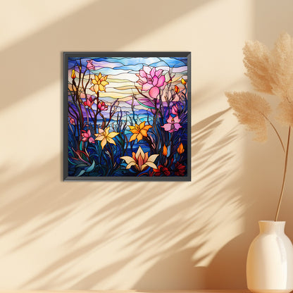 Glass Painting Colorful Flowers - Full Round Drill Diamond Painting 30*30CM