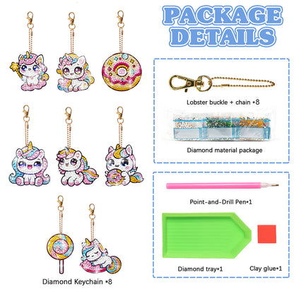 8 Pcs Double Side Full Drill Diamond Painting Art Keychain Kit (Unicorn Donut)