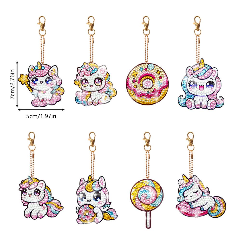 8 Pcs Double Side Full Drill Diamond Painting Art Keychain Kit (Unicorn Donut)