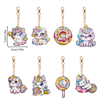 8 Pcs Double Side Full Drill Diamond Painting Art Keychain Kit (Unicorn Donut)