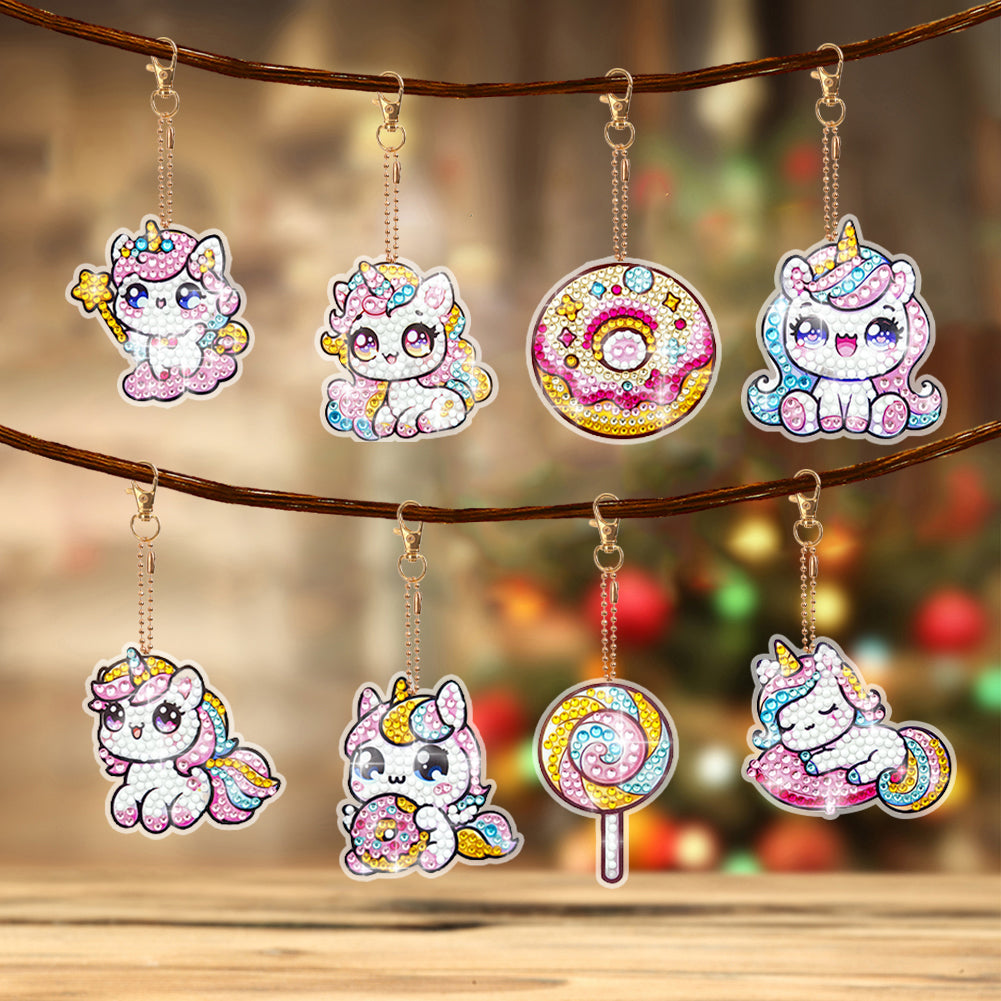 8 Pcs Double Side Full Drill Diamond Painting Art Keychain Kit (Unicorn Donut)