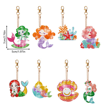 8 Pcs Double Side Full Drill Diamond Painting Art Keychain Pendant (Mermaids)