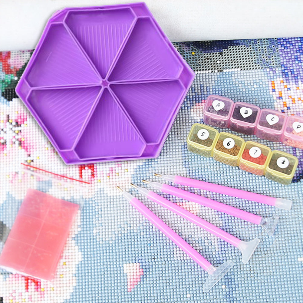 Large Capacity DIY Hexagonal Diamond Painting Tray Kit with Spoon Brush (Purple)