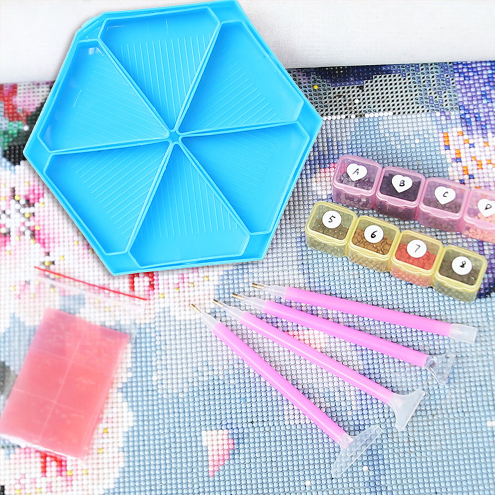 Large Capacity DIY Hexagonal Diamond Painting Tray Kit with Spoon Brush (Blue)