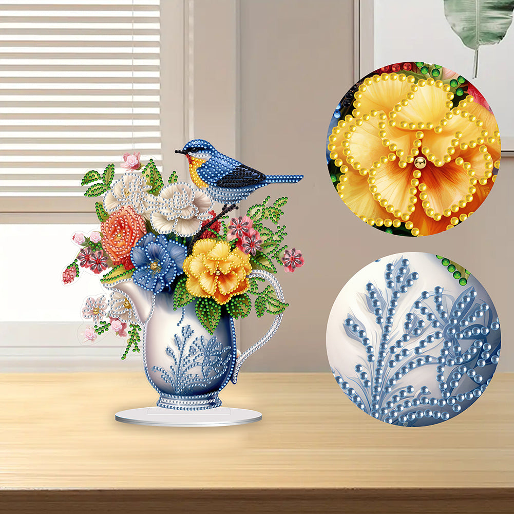 Acrylic Bird Flower Vase Desktop Diamond Painting Art Kits for Home Office Decor