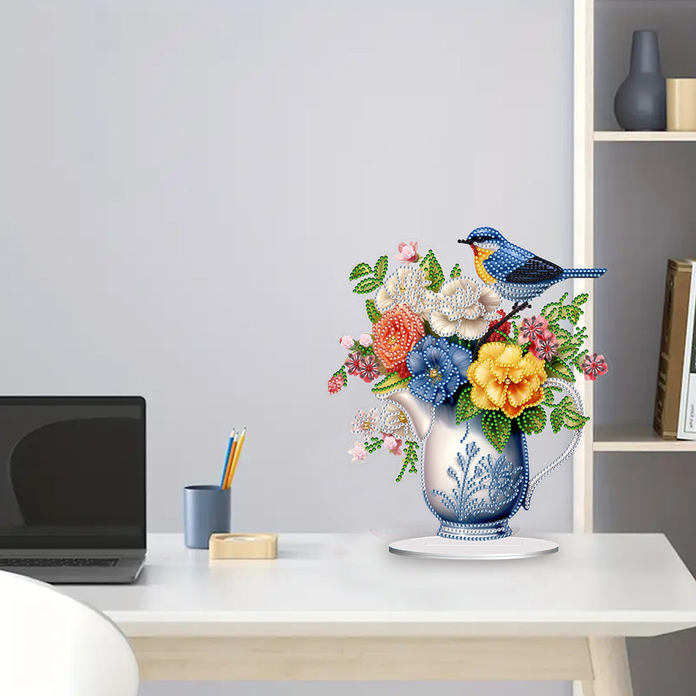 Acrylic Bird Flower Vase Desktop Diamond Painting Art Kits for Home Office Decor