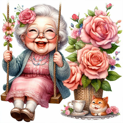 Happy Old Lady On Swing - Full Round Drill Diamond Painting 30*30CM