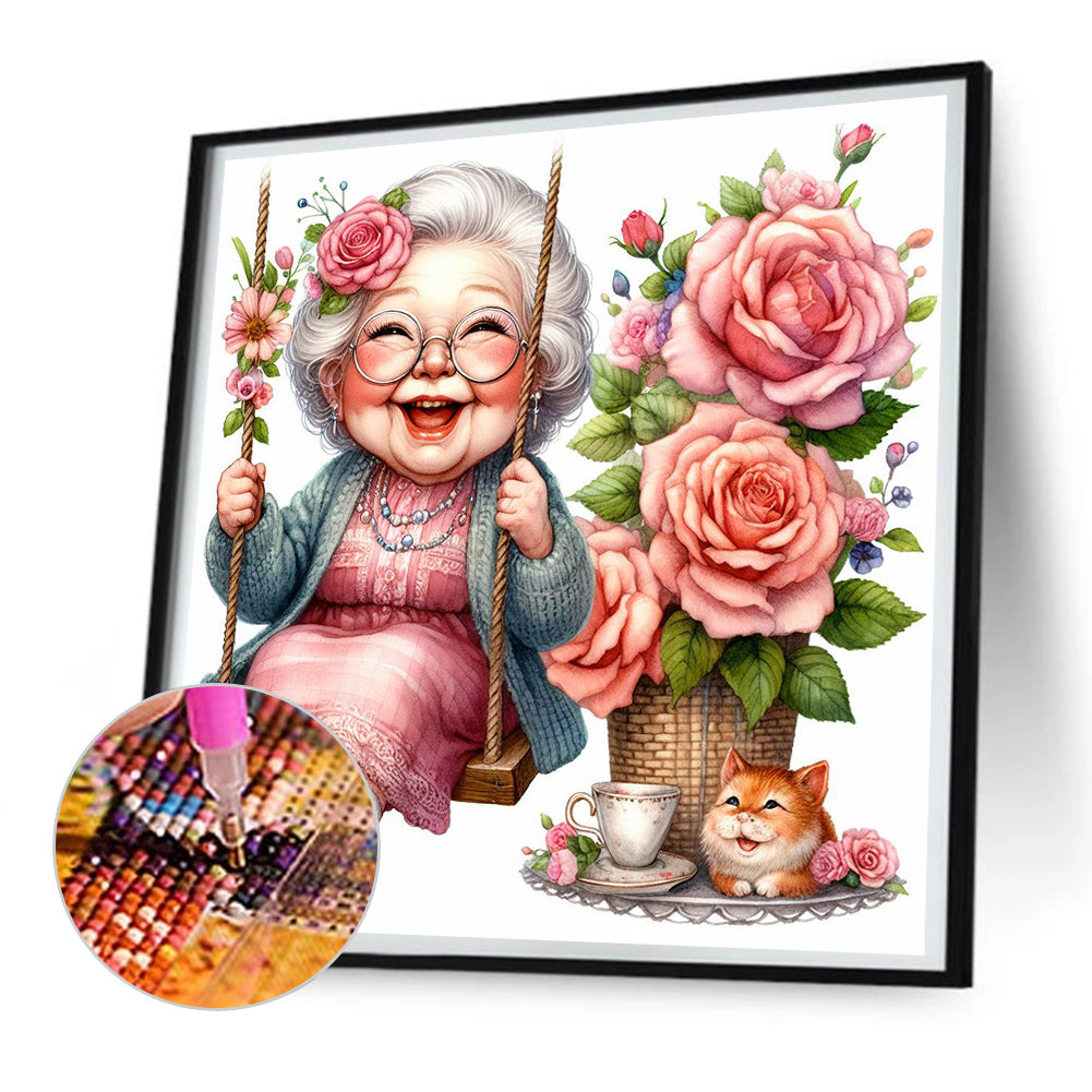 Happy Old Lady On Swing - Full Round Drill Diamond Painting 30*30CM