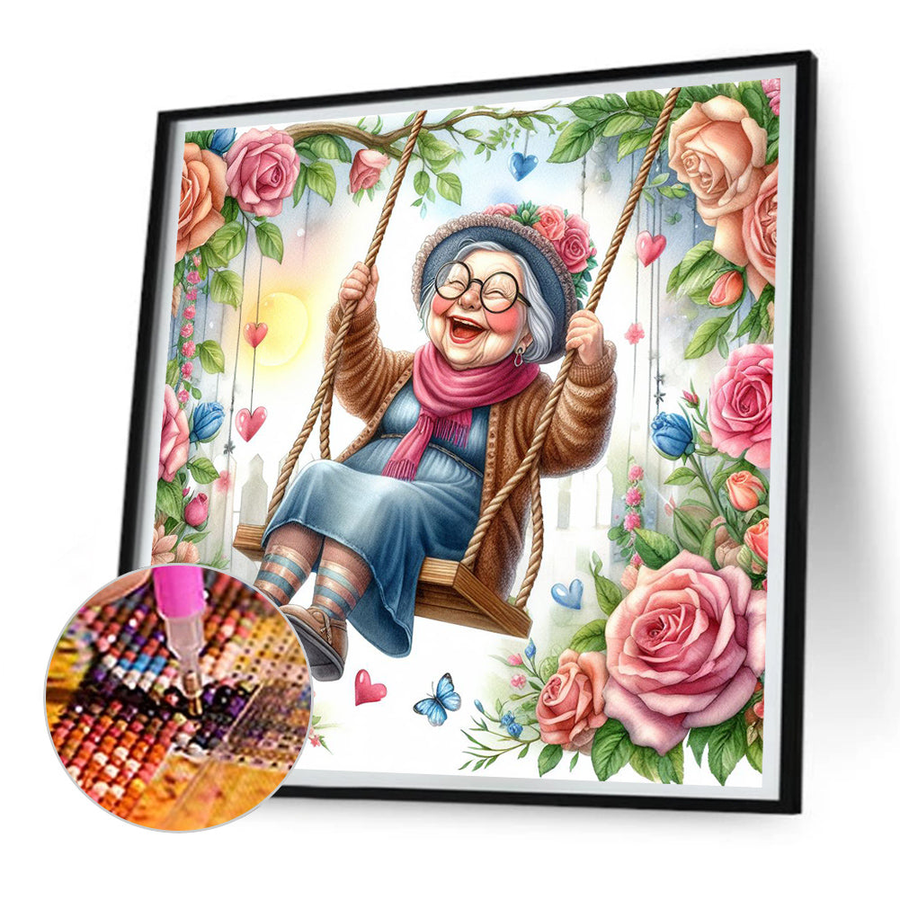 Happy Old Lady On Swing - Full Round Drill Diamond Painting 30*30CM