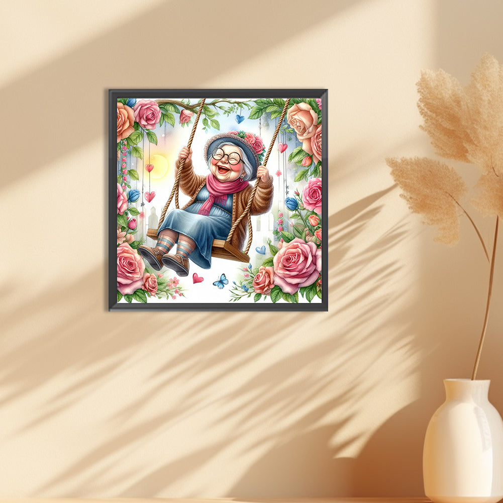 Happy Old Lady On Swing - Full Round Drill Diamond Painting 30*30CM