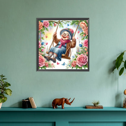 Happy Old Lady On Swing - Full Round Drill Diamond Painting 30*30CM