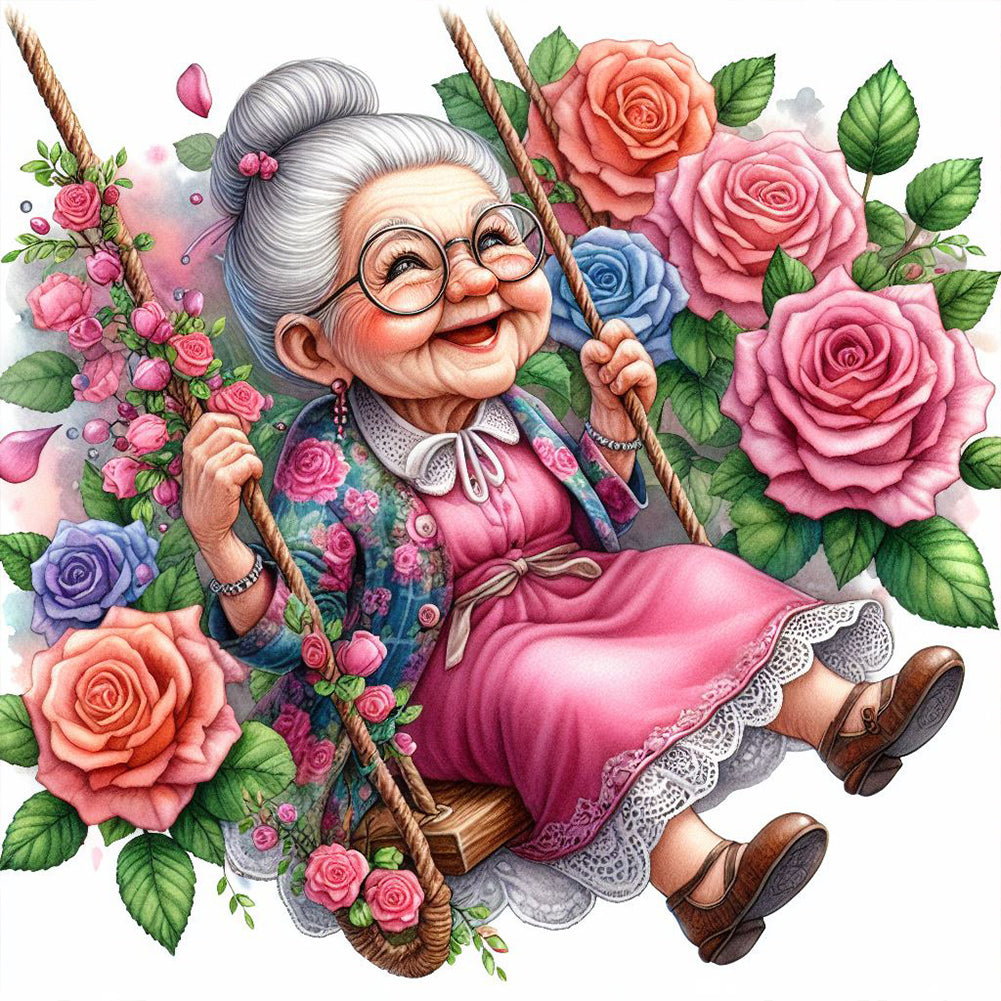 Happy Old Lady On Swing - Full Round Drill Diamond Painting 30*30CM