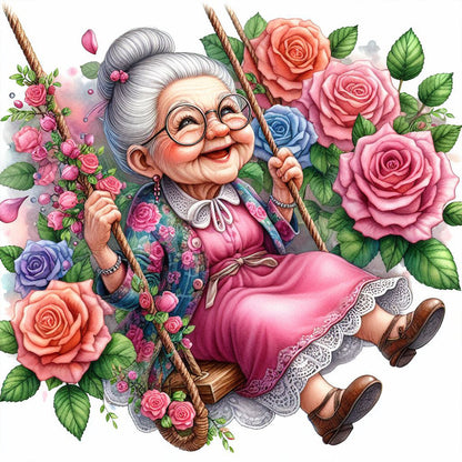 Happy Old Lady On Swing - Full Round Drill Diamond Painting 30*30CM