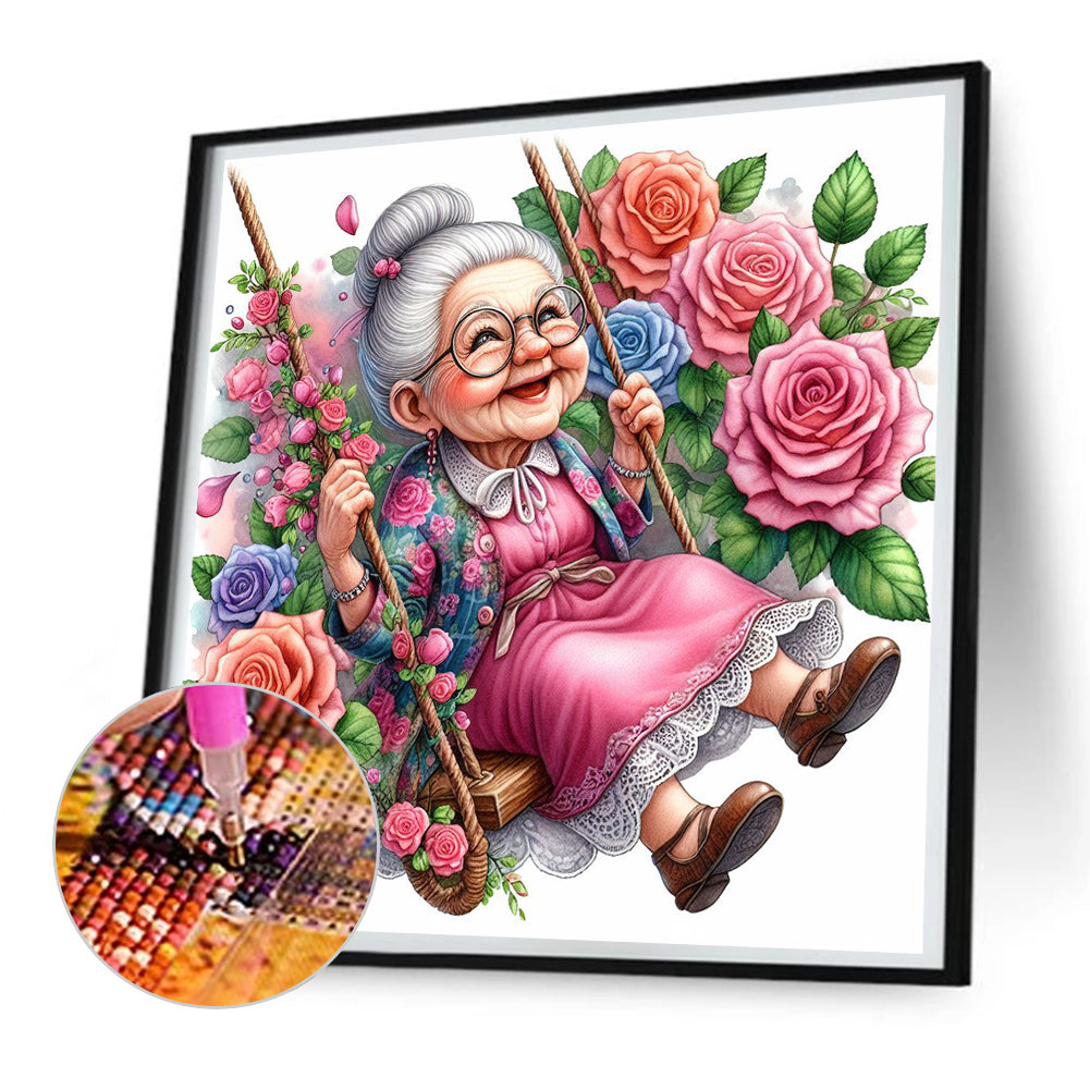 Happy Old Lady On Swing - Full Round Drill Diamond Painting 30*30CM