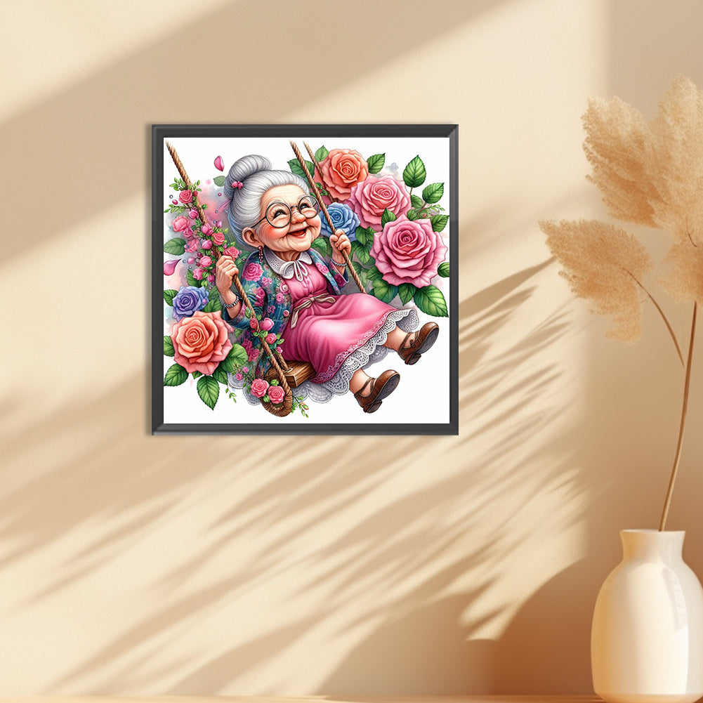 Happy Old Lady On Swing - Full Round Drill Diamond Painting 30*30CM