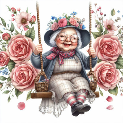 Happy Old Lady On Swing - Full Round Drill Diamond Painting 30*30CM