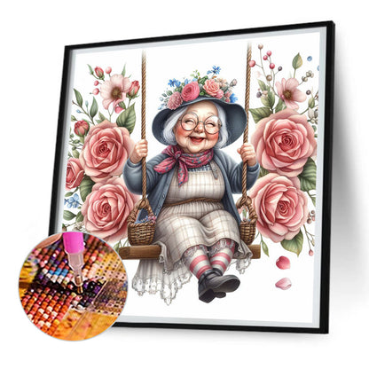 Happy Old Lady On Swing - Full Round Drill Diamond Painting 30*30CM