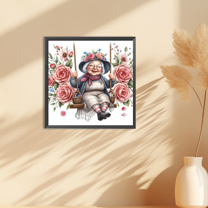 Happy Old Lady On Swing - Full Round Drill Diamond Painting 30*30CM