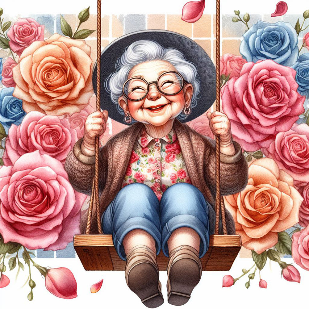 Happy Old Lady On Swing - Full Round Drill Diamond Painting 30*30CM