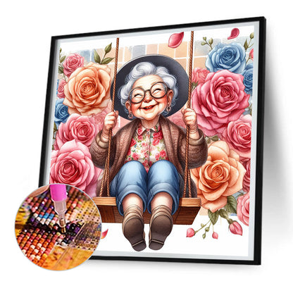 Happy Old Lady On Swing - Full Round Drill Diamond Painting 30*30CM