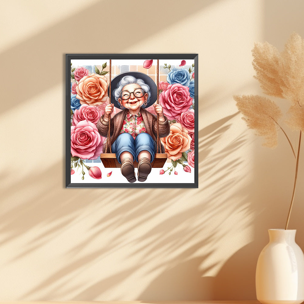 Happy Old Lady On Swing - Full Round Drill Diamond Painting 30*30CM