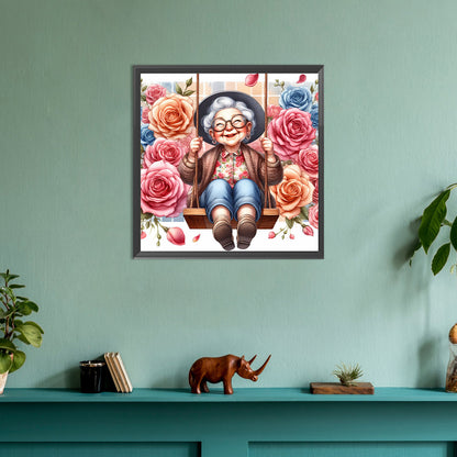 Happy Old Lady On Swing - Full Round Drill Diamond Painting 30*30CM