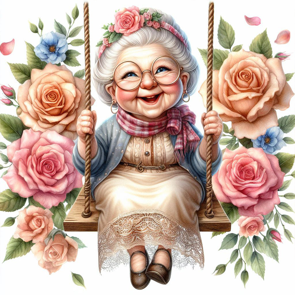 Happy Old Lady On Swing - Full Round Drill Diamond Painting 30*30CM