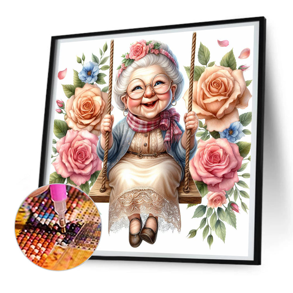 Happy Old Lady On Swing - Full Round Drill Diamond Painting 30*30CM