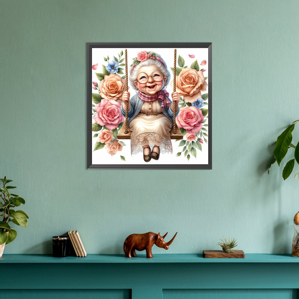 Happy Old Lady On Swing - Full Round Drill Diamond Painting 30*30CM