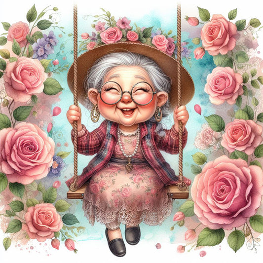 Happy Old Lady On Swing - Full Round Drill Diamond Painting 30*30CM