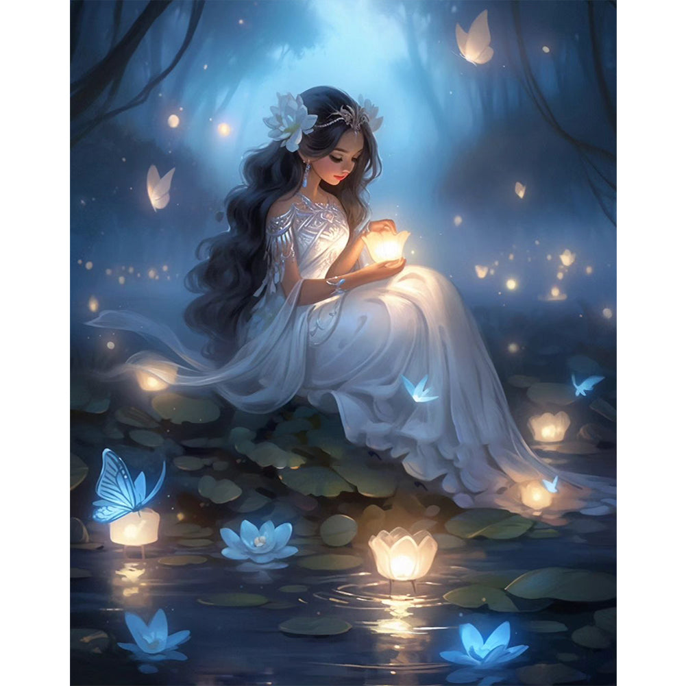 Girl Putting Lantern By Lake - 11CT Stamped Cross Stitch 50*60CM