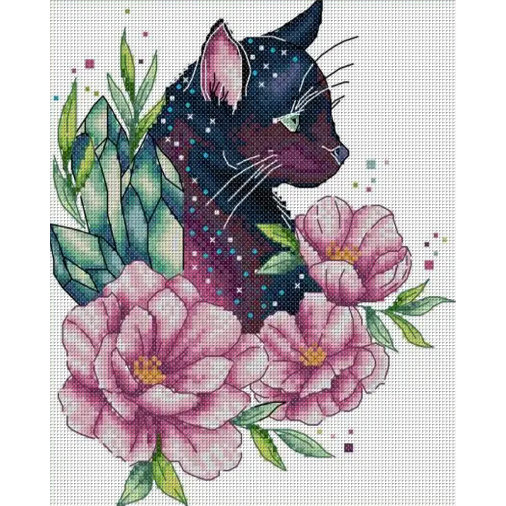 Chocolate Cat Among Flowers - 14CT Stamped Cross Stitch 21*27CM(Joy Sunday)