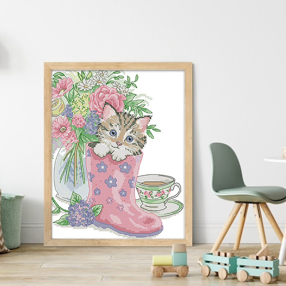 Kitten In Rain Boots - 14CT Stamped Cross Stitch 28*33CM(Joy Sunday)