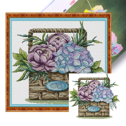 Hydrangea Basket - 14CT Stamped Cross Stitch 32*29CM(Joy Sunday)