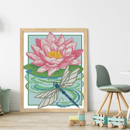 Dragonfly And Lotus - 14CT Stamped Cross Stitch 22*29CM(Joy Sunday)