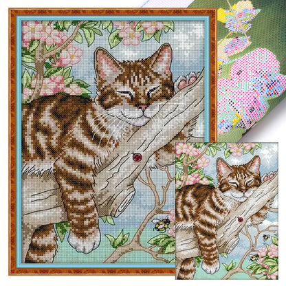 Lazy Cat In Tree - 14CT Stamped Cross Stitch 22*31CM(Joy Sunday)