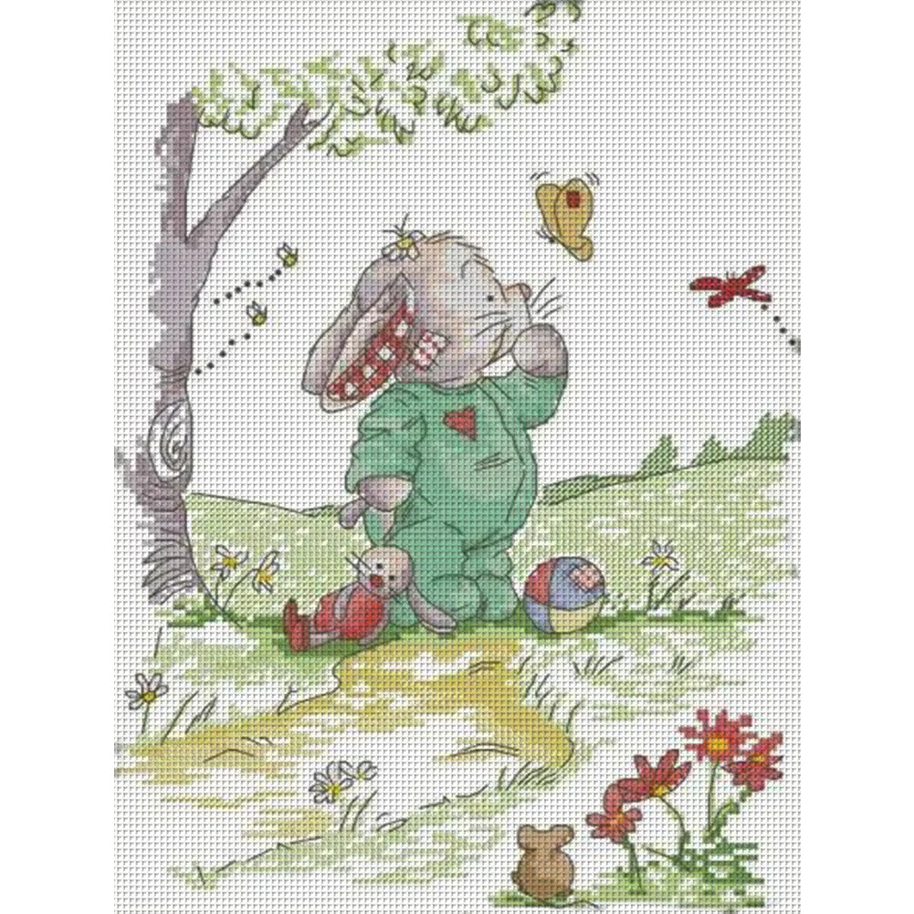 Rabbit And Butterfly 1 - 14CT Stamped Cross Stitch 28*36CM(Joy Sunday)