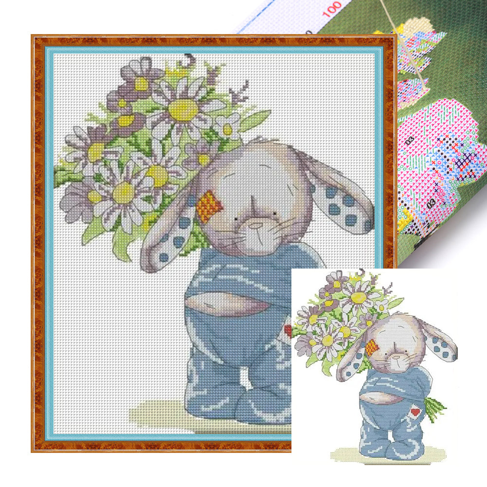 Rabbit Presents Flowers(1) - 14CT Stamped Cross Stitch 28*32CM(Joy Sunday)