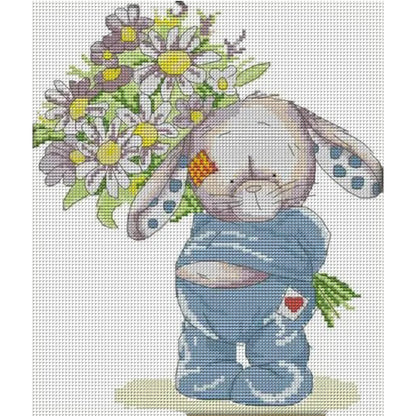 Rabbit Presents Flowers(1) - 14CT Stamped Cross Stitch 28*32CM(Joy Sunday)