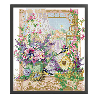 Window Sill Covered With Flowers - 14CT Stamped Cross Stitch 48*54CM(Joy Sunday)