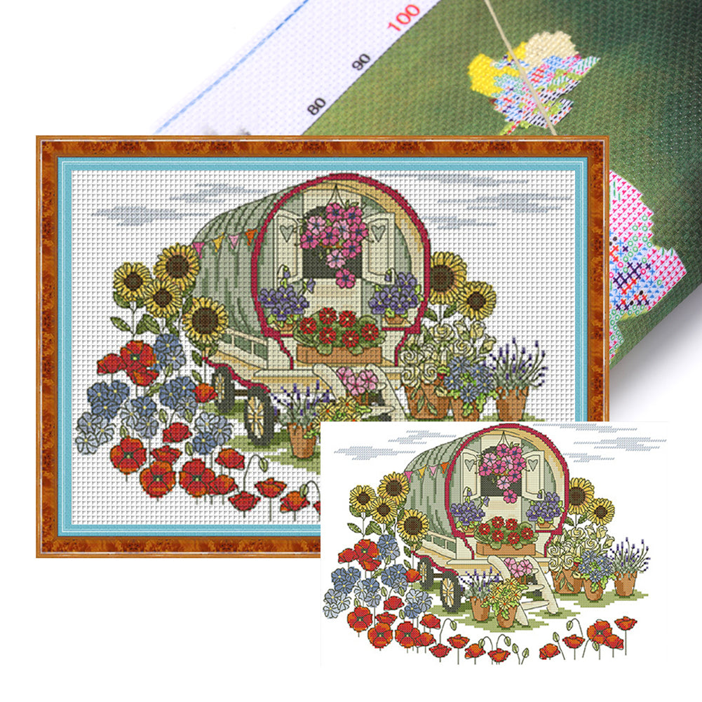 Flower Caravan - 14CT Stamped Cross Stitch 35*27CM(Joy Sunday)