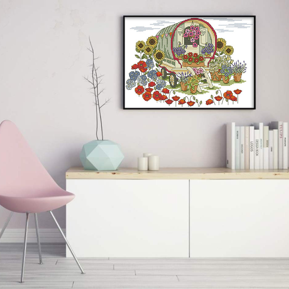 Flower Caravan - 14CT Stamped Cross Stitch 35*27CM(Joy Sunday)