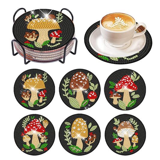 6Pcs Diamond Art Coaster Diamond Art Painting Coaster Kit with Holder (Mushroom)